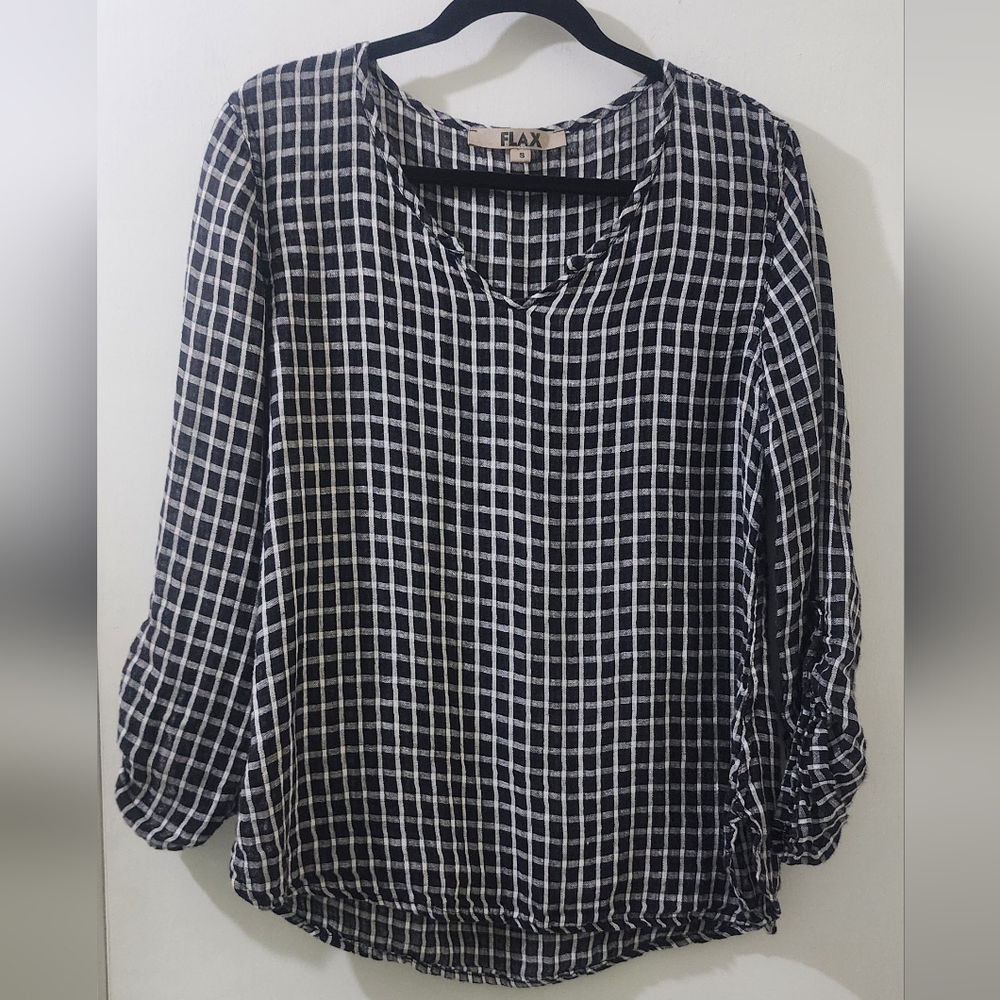 Flax‎ Women's Black and White Checkered Top, Size Small, Linen.